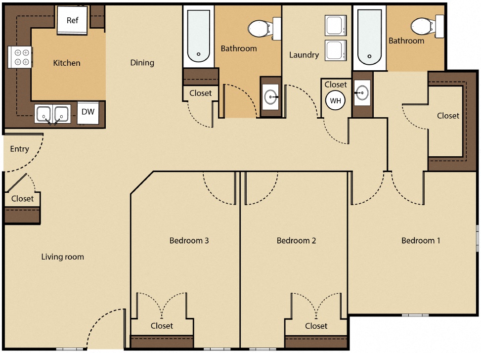 Floor plan for 3 beds, 2 baths, 1260 sqft